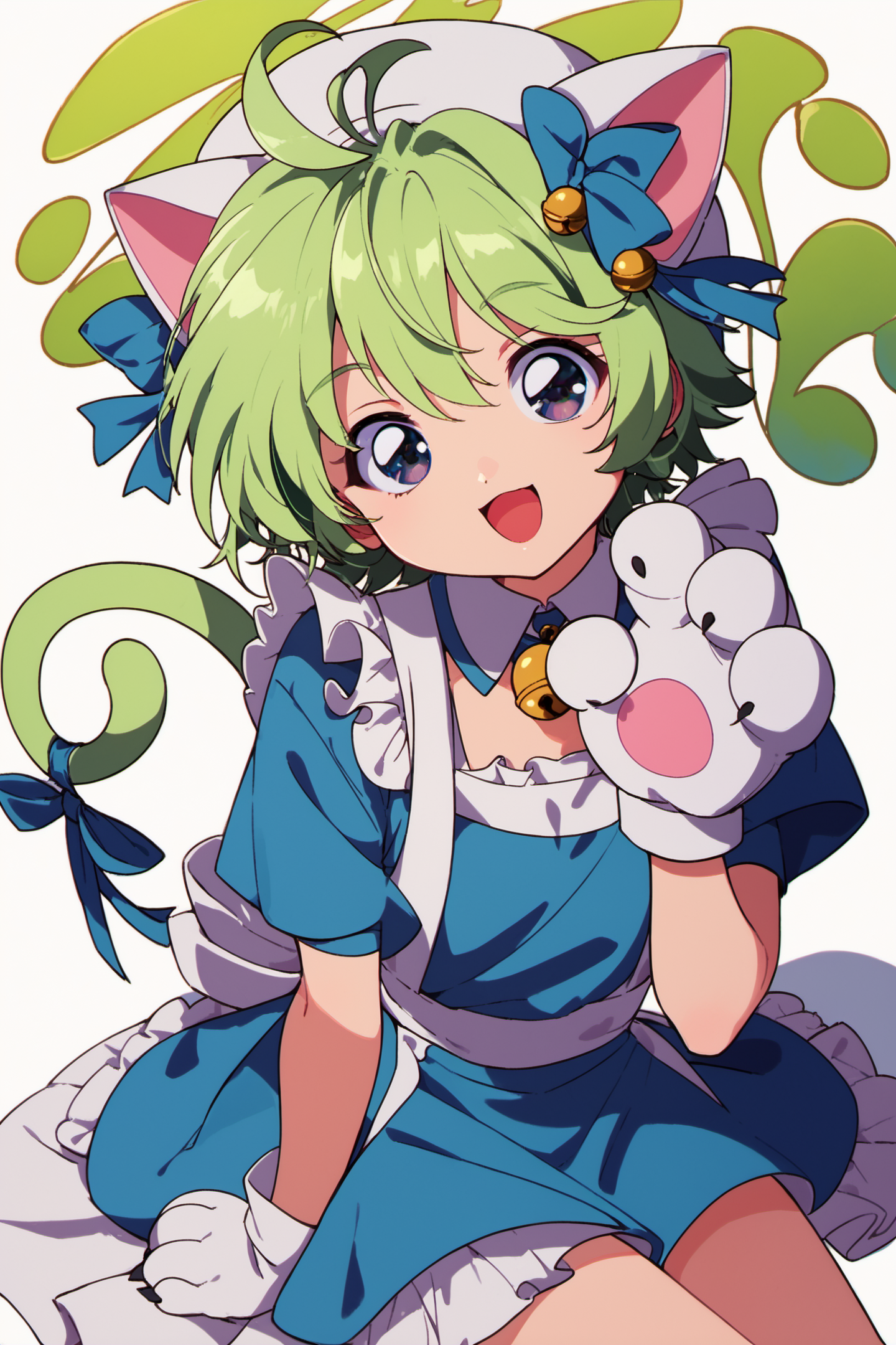 27490-372866554-1girl,solo,tail,bell,animal ears,green hair,cat tail,open mouth,hair ornament,cat ears,sitting,animal hat,white background,hair.png